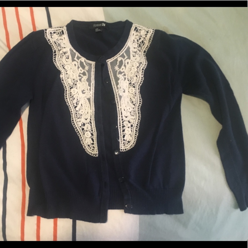 Navy and Cream Cardigan with Lace